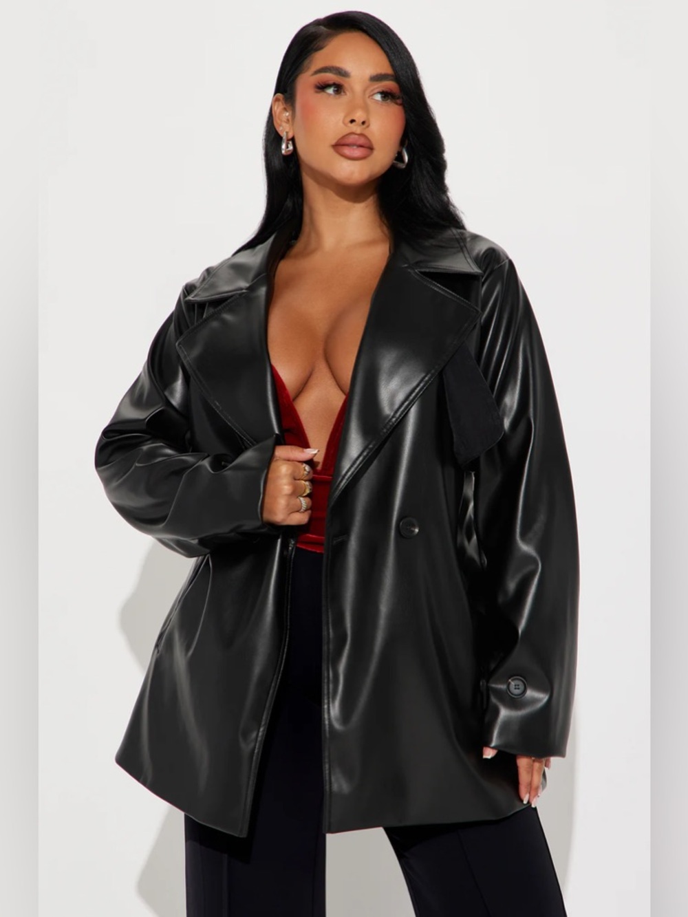Fashion Nova Black Faux Leather Trench Coat